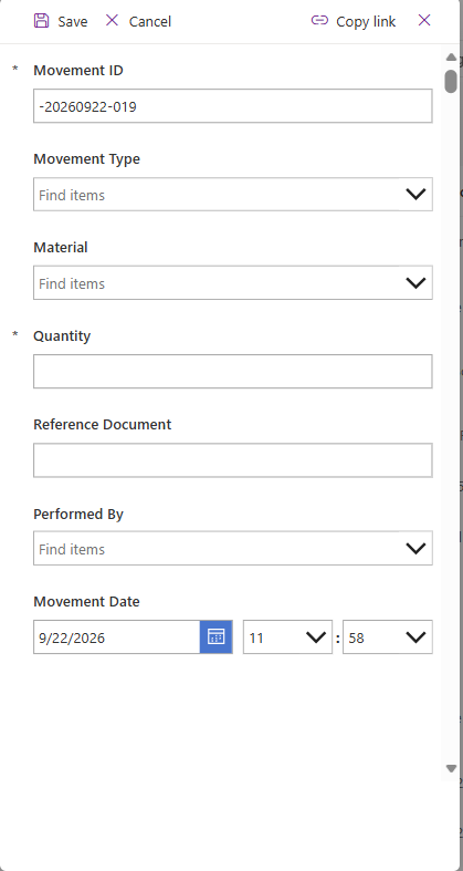 Formular înregistrare mișcări stoc — Power Apps WMS pe Microsoft 365